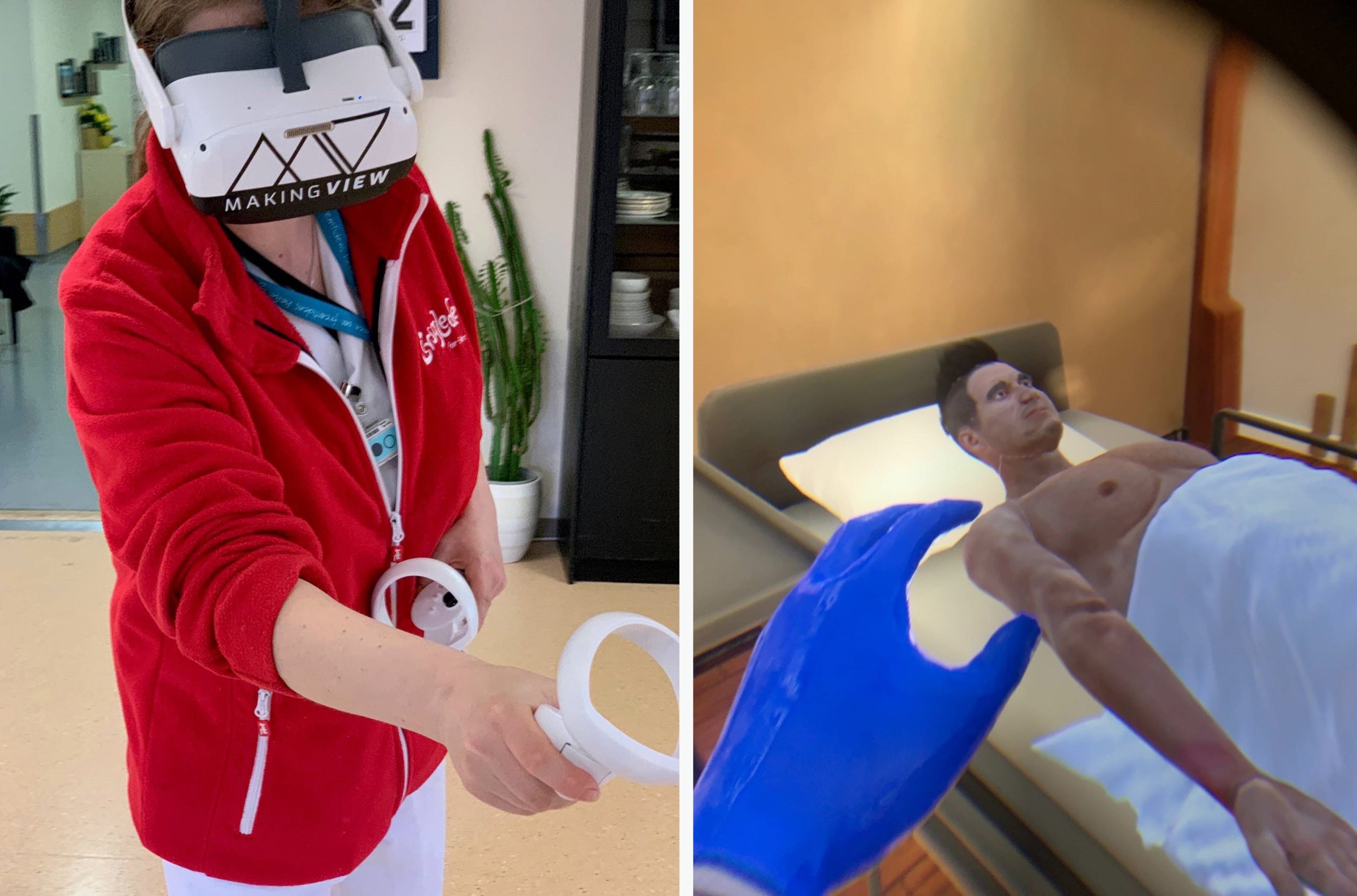 Tre sammensatte bilder av ulike helsearbeidere sittende og stående med VR-briller.