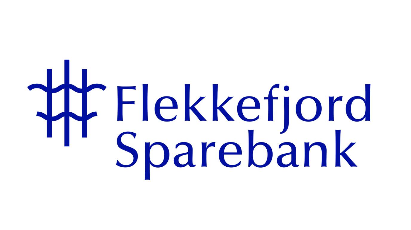 Flekkefjord sparebank logo, blå skrift på hvit bakgrunn